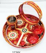 BK Creation Puja Article Karwachauth Indian Traditional Decorative Pooja Thali Set Red