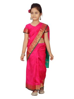 Rani-pink plain silk stitched saree 5