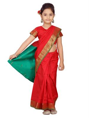 Red plain silk stitched saree 5