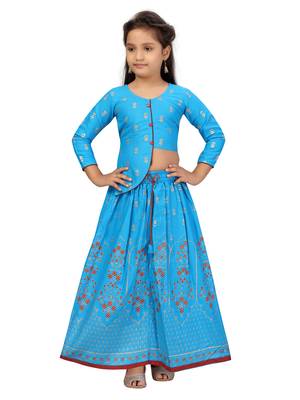 Blue floral print cotton stitched lehenga 1