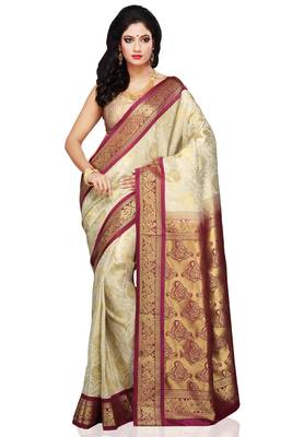 Off White and Maroon woven art_silk saree with blouse 1