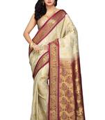 Off White and Maroon woven art_silk saree with blouse