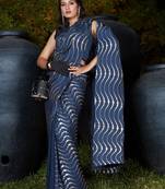 Navy blue woven silk saree with blouse