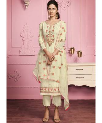 Off white Santoon semi stitched embroidered top & bottom with dupatta 1