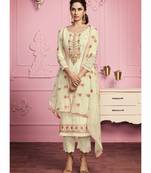 Off white Santoon semi stitched embroidered top & bottom with dupatta