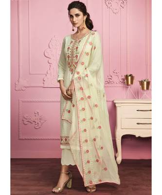 Off white Santoon semi stitched embroidered top & bottom with dupatta 2