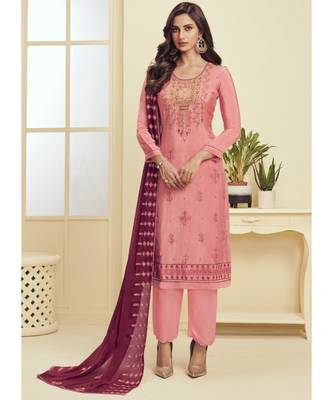 dark pink Santoon semi stitched embroidered top & bottom with dupatta 1