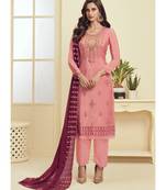 dark pink Santoon semi stitched embroidered top & bottom with dupatta