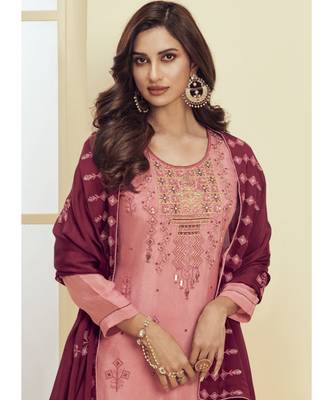 dark pink Santoon semi stitched embroidered top & bottom with dupatta 2