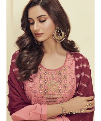 dark pink Santoon semi stitched embroidered top & bottom with dupatta 3