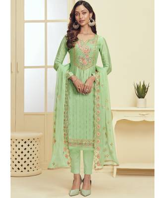 sea green Santoon semi stitched embroidered top & bottom with dupatta 1