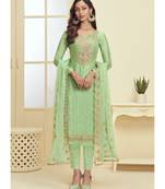 sea green Santoon semi stitched embroidered top & bottom with dupatta