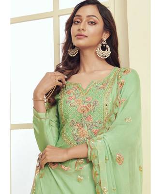 sea green Santoon semi stitched embroidered top & bottom with dupatta 2