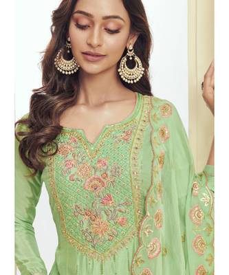 sea green Santoon semi stitched embroidered top & bottom with dupatta 3