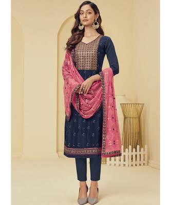 navy blue Santoon semi stitched embroidered top & bottom with dupatta 1