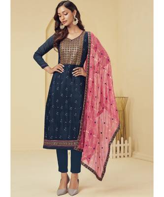 navy blue Santoon semi stitched embroidered top & bottom with dupatta 2