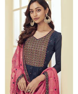 navy blue Santoon semi stitched embroidered top & bottom with dupatta 3