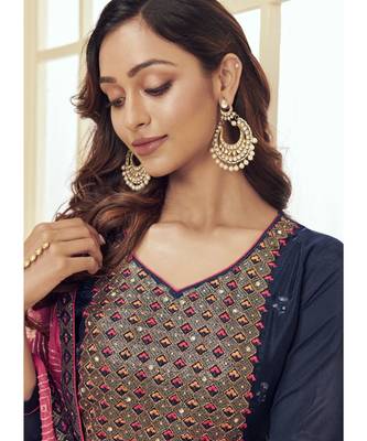 navy blue Santoon semi stitched embroidered top & bottom with dupatta 4