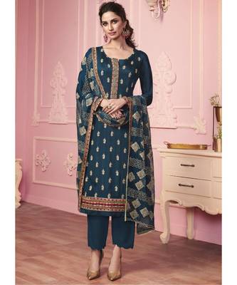 dark teal Santoon semi stitched embroidered top & bottom with dupatta 1