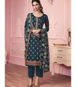 dark teal Santoon semi stitched embroidered top & bottom with dupatta