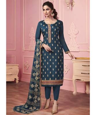 dark teal Santoon semi stitched embroidered top & bottom with dupatta 2