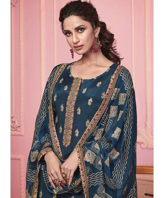 dark teal Santoon semi stitched embroidered top & bottom with dupatta 3