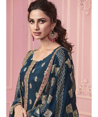 dark teal Santoon semi stitched embroidered top & bottom with dupatta 4