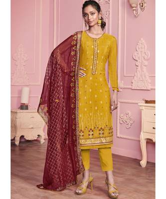 yellow Santoon semi stitched embroidered top & bottom with dupatta 1