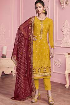 yellow Santoon semi stitched embroidered top & bottom with dupatta