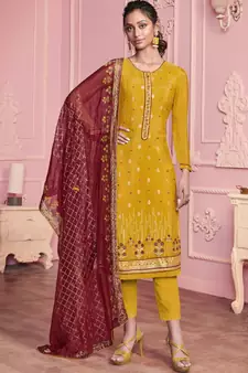 yellow Santoon semi stitched embroidered top & bottom with dupatta