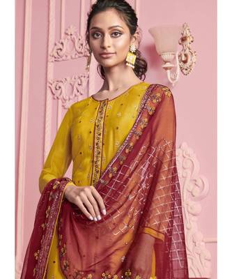 yellow Santoon semi stitched embroidered top & bottom with dupatta 3