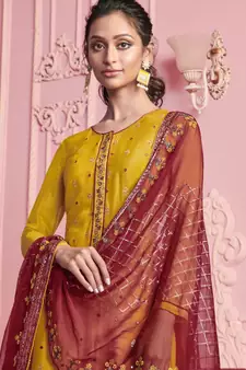 yellow Santoon semi stitched embroidered top & bottom with dupatta