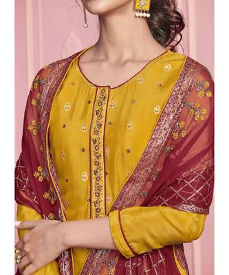 yellow Santoon semi stitched embroidered top & bottom with dupatta 4