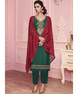 dark green Santoon semi stitched embroidered top & bottom with dupatta 1