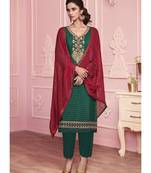dark green Santoon semi stitched embroidered top & bottom with dupatta