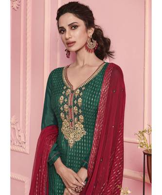 dark green Santoon semi stitched embroidered top & bottom with dupatta 2
