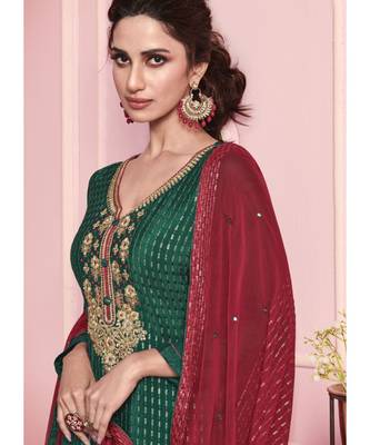 dark green Santoon semi stitched embroidered top & bottom with dupatta 3