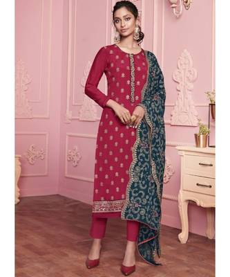 maroon Santoon semi stitched embroidered top & bottom with dupatta 1
