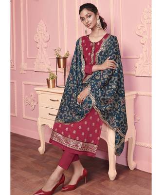 maroon Santoon semi stitched embroidered top & bottom with dupatta 2
