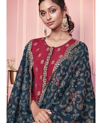maroon Santoon semi stitched embroidered top & bottom with dupatta 3