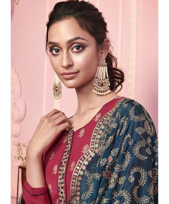 maroon Santoon semi stitched embroidered top & bottom with dupatta 4