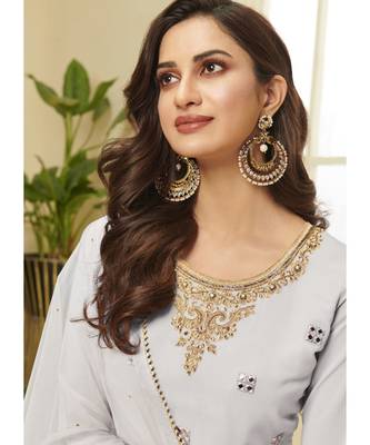 silver georgette semi stitched embroidered top & bottom with dupatta 2
