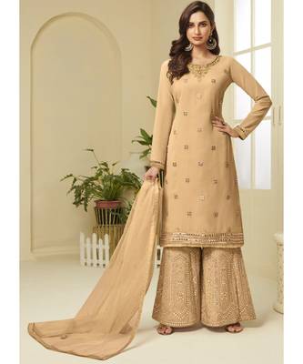 dark cream georgette semi stitched embroidered top & bottom with dupatta 1