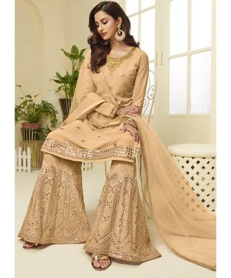 dark cream georgette semi stitched embroidered top & bottom with dupatta 2