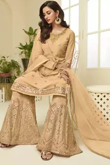 dark cream georgette semi stitched embroidered top & bottom with dupatta