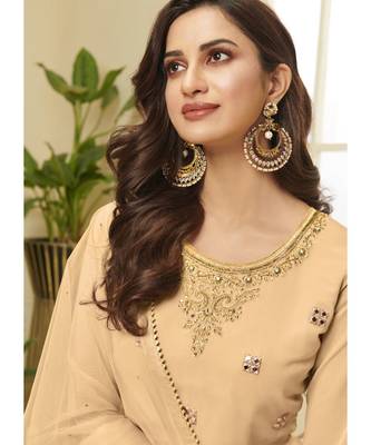 dark cream georgette semi stitched embroidered top & bottom with dupatta 3