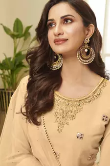 dark cream georgette semi stitched embroidered top & bottom with dupatta