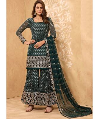 dark green georgette semi stitched embroidered top & bottom with dupatta 1