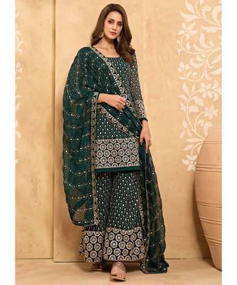 dark green georgette semi stitched embroidered top & bottom with dupatta 2