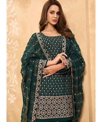 dark green georgette semi stitched embroidered top & bottom with dupatta 3